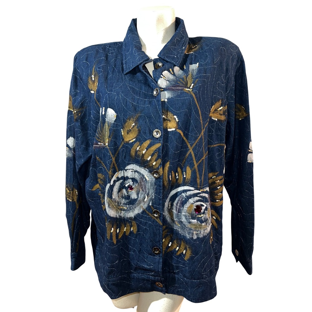 Art to Wear Hand Painted Floral Embellished Denim Jacket Indigo Blue Sequin 1X